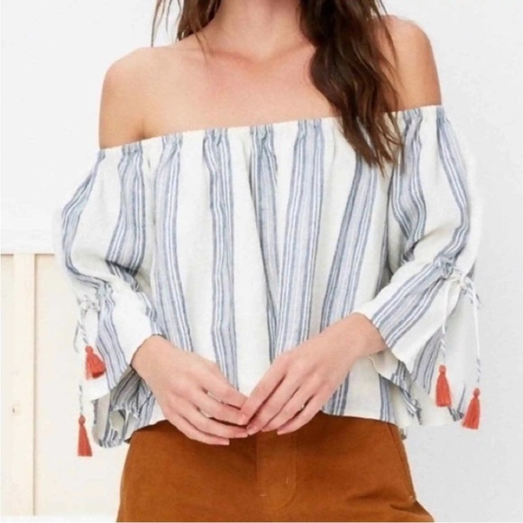 Anthropologie Tularosa Off Shoulder Linen Tassel Blouse Top Womens Small Blue - Picture 1 of 9